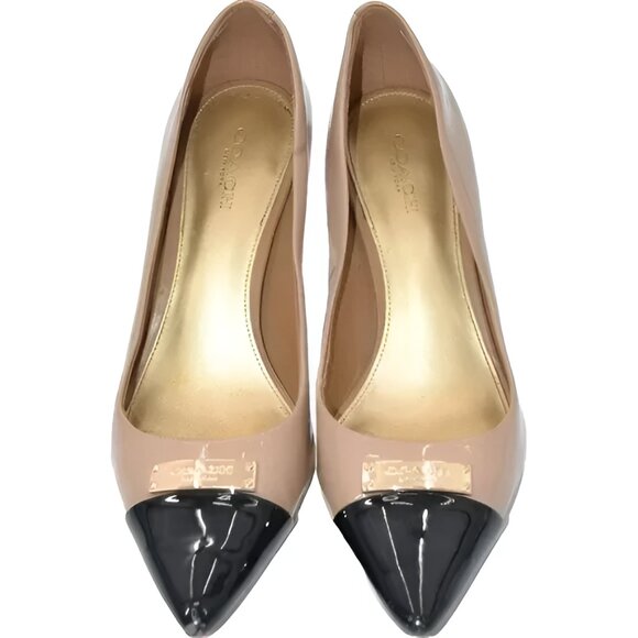 Coach Black Tan Beige Minimalist Cap Toe Spectator Patent Leather Heels Pumps 7 - Picture 4 of 14